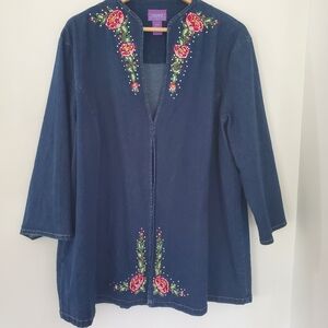 SUZANNE SOMERS 2X Denim Blue Jean Jacket Embroider Floral Bling Grandma Core 90s
